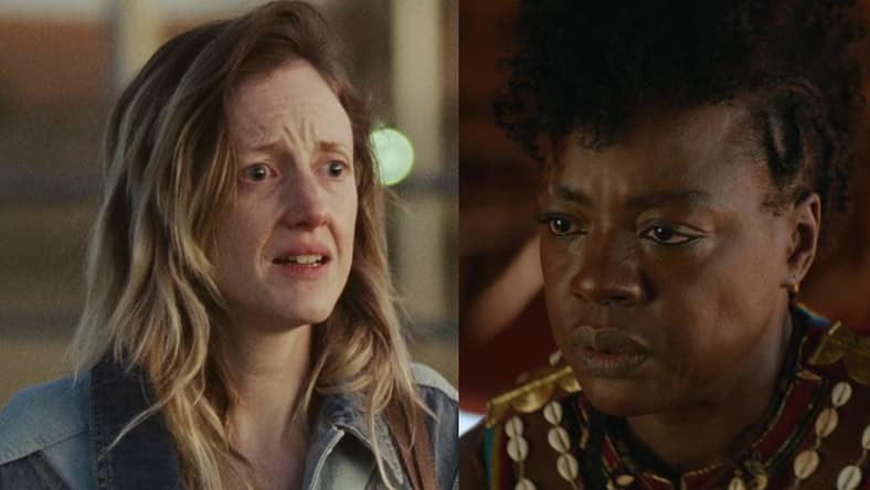 Leslie Rowlands (Andrea Riseborough) in To Leslie (2022), Momentum Pictures / General Nanisca (Viola Davis) in The Woman King (2022), Sony Pictures