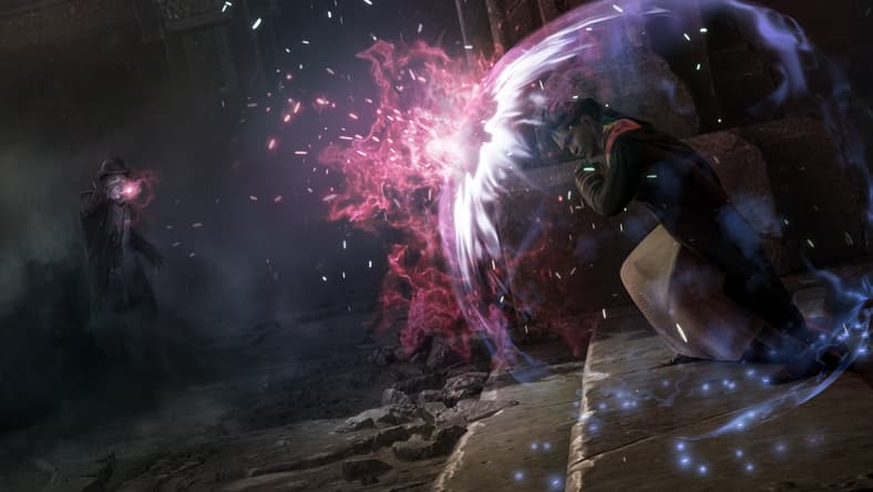 The player casts a magical shield to protect them from a dark wizard via Hogwarts Legacy (2022), Warner Bros. Interactive Entertainment