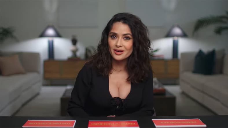 Salma Hayek does a YouTube video for Glamour Magazine in 2023.