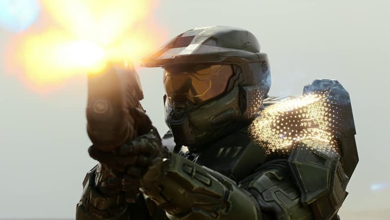 Master Chief fires while his armor's shield regenerates via Halo Season 1 Episode 1 "Contact" (2022), Paramount Plus