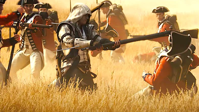 Ratonhnhaké:ton (Noah Watts) stands his ground against British Loyalists in Assassin's Creed III (2012), Ubisoft