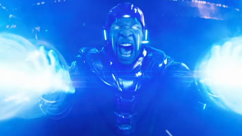 Kang the Conqueror (Jonathan Majors) unleashes his future-tech weaponry in Ant-Man and the Wasp: Quantumania (2023), Marvel Entertainment