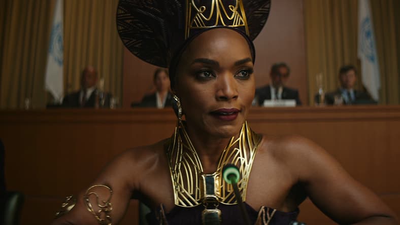 Queen Ramonda (Angela Bassett) prepares to address the United Nations in Black Panther: Wakanda Forever (2022), Marvel Entertainment