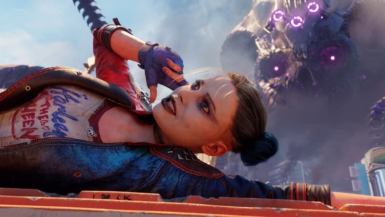 Harley Quinn talks on her earpiece as a Braniac ship looms in the background via Suicide Squad: Kill the Justice League (2023), Rocksteady Games