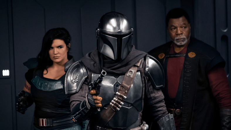 (Left to right) Gina Carano is Cara Dune, Pedro Pascal is the Mandalorian and Carl Weathers is Greef Karga in THE MANDALORIAN, season two, exclusively on Disney+