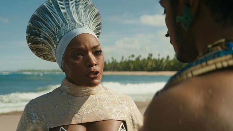 Queen Ramonda (Angela Bassett) defies Namor's (Tenoch Huerta) threats in Black Panther: Wakanda Forever (2022), Marvel Entertainment