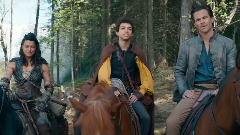 Holga (Michelle Rodriguez), Simon (Justice Smith), and Edgin (Chris Pine encounter an Owl Bear in Dungeons & Dragons: Honor Among Thieves (2023), Paramount Pictures