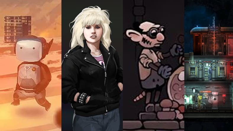 A variety of screenshots from Life of Delta, Rough Justice '84, Potion Tycoon, and Barotrauma via Daedalic Entertainment