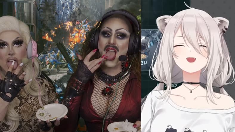 Exoprimal livestreams included Deere and BiqtchPuddin lick their fingers, and Botan laughing via Twitch