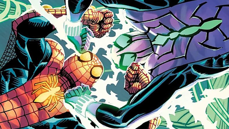 Peter Parker and Ben Reilly duke it out on John Romita Jr., Scott Hanna, and Marcio Menyz's cover to Amazing Spider-Man Vol. 6 #16 "Spider-Man vs Chasm" (2022), Marvel Comics