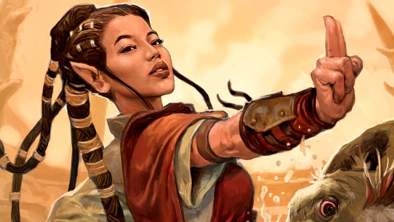 A Half-Elf monk strikes on Card #19, Adventures in the Forgotten Realms (2021), Wizards of the Coast. Art by Zoltan Boros.