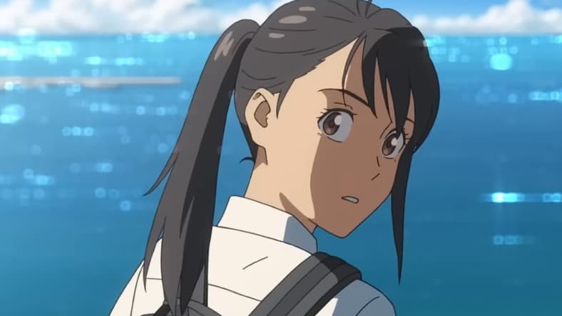 Suzume Iwato (Nanoka Hara) passes by Sota Munakata (Hokuto Masamura) in Suzume (2022), Toho Co. Ltd.