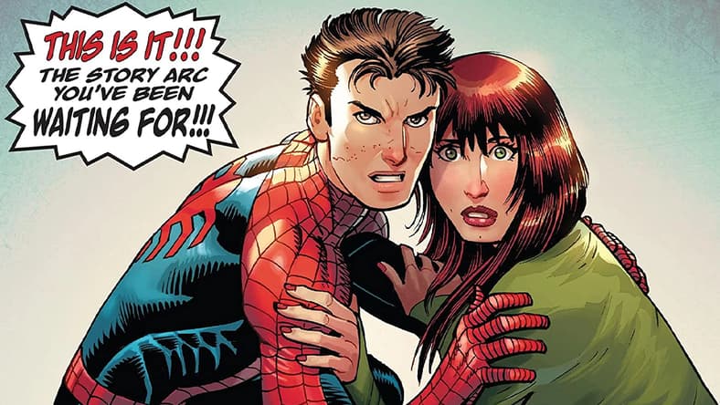 Peter Parker and Mary-Jane Watson cower in defense on John Romita Jr.'s cover to Amazing Spider-Man Vol. 6 #21 (2023), Marvel Comics