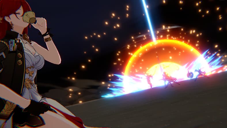 Himeko sips tea while her enemies are blasted by a space-laser via Honkai: Star Rail (2023), HoYoverse