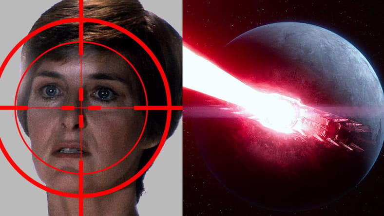 Split image of Mon Mothma and Starkiller Base from 'Star Wars,' Disney