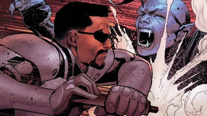 Blade drives a stake through a vampire in Avengers Vol. 8 #14 "The Fall of Castle Dracula" (2019), Marvel Comics. Art by David Marquez and Matthew Wilson.