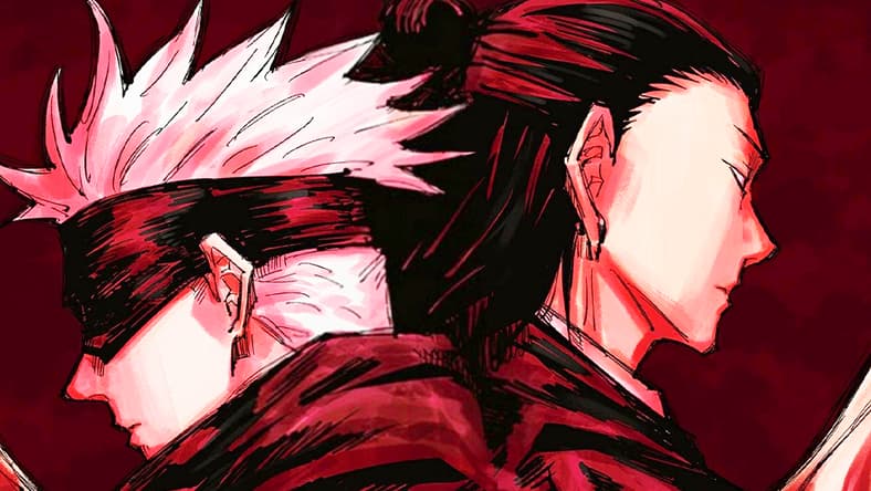 Satoru Gojo and Suguru Geto stand back-to-back on Gege Akutami's cover page to Jujutsu Kaisen Ch. 85 "The Shibuya Incident, Part 3" (2019), Shueisha