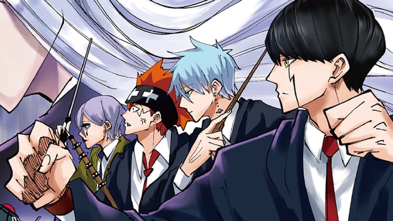 Mash and crew prepare to brawl on Hajime Kōmoto's cover to Mashle: Magic and Muscles Vol. 8 (2022), Shueisha