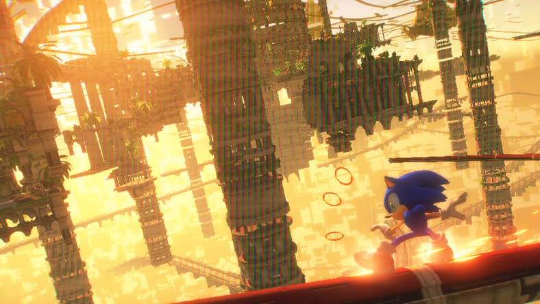 Sonic grinds through a cyberspace version of Sky Sanctuary Zone at sunset via Sonic Frontiers (2022), Sega