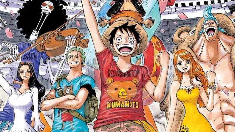 The Straw Hats welcome you to Wano on Eiichiro Oda's color spread to One Piece Ch. 843 "Vinsmoke Sanji" (2016), Shueisha