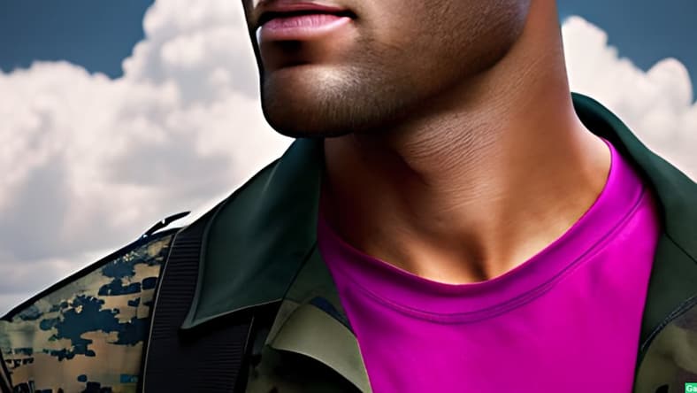 A Gab AI-generated image of a U.S. marine wearing a pink t-shirt underneath multicam jacket.
