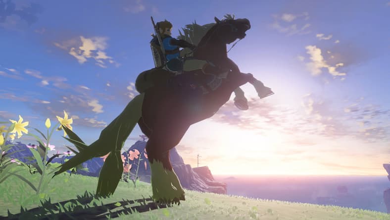 Link's horse rears against the sunset in The Legend of Zelda: Tears of the Kingdom (2023), Nintendo