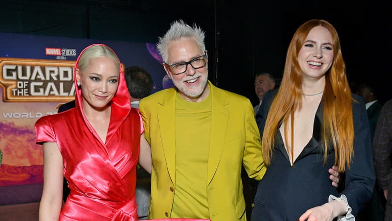 HOLLYWOOD, CALIFORNIA - APRIL 27: (L-R) Pom Klementieff, James Gunn, and Karen Gillan attend the Guardians of the Galaxy Vol. 3 World Premiere at the Dolby Theatre in Hollywood, California on April 27, 2023. (Photo by Charley Gallay/Getty Images for Disney)