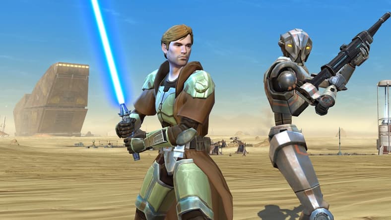 A Jedi player and HK-51 ready for battle in Star Wars: The Old Republic (2011), Electronic Arts