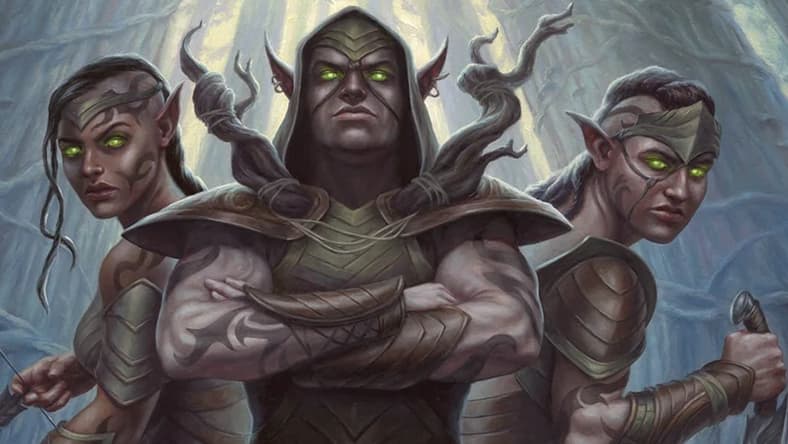 Llanowar Tribe via Card #170, Magic: The Gathering - Modern Horizons (2019), Wizards of the Coast. Art by Scott Murphy.