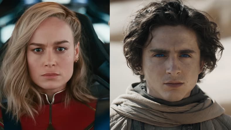 Carol Danvers (Brie Larson) receives a transmission from Nick Fury (Samuel L. Jackson) in The Marvels (2023), Marvel Entertainment / Paul Atreides (Timothée Chalamet) prepares for war in Dune: Part Two (2023), Warner Bros. Discovery