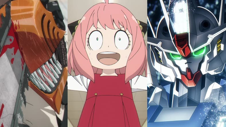 Denji (Kikunosuke Toya) unleashes his true power in Chainsaw Man Season 1 Episode 12 "Katana vs Chainsaw" (2023) / Anya (Atsumi Tanezaki) is unprepared for swim lessons in Spy x Family Season 1 Episode 11 "STELLA" (2023) / Gundam Aerial beams down on its opponent in Mobile Suit Gundam: The Witch From Mercury Season 1 Episode 21 "May All Blessings Find Their Way To You, I'm Wishing For It" (2023)