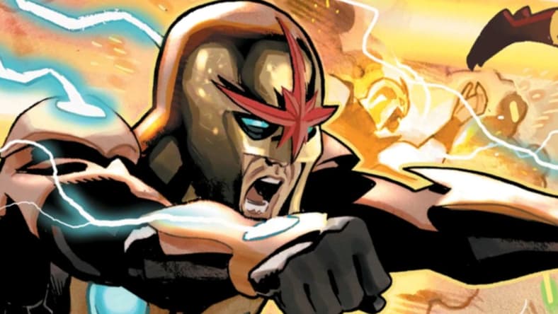 Nova rockets forth on Daniel Acuna's cover to Nova Vol. 4 #27 "Shock and Awe" (2009), Marvel Comics