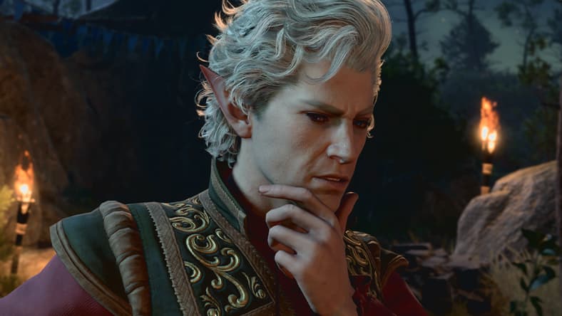 Astarion (Neil Newbon) plans the group's next move in Baldur's Gate 3 (2023), Larian Studios