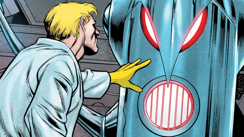 Hank Pym activates Ultron-1 in Age of Ultron Vol. 1 #9 (2013), Marvel Comics. Words by Brian Michael Bendis, art by Brandon Peterson, Carlos Pacheco, Roger Bonet, Paul Mounts, José Villarrubia, and Cory Petit
