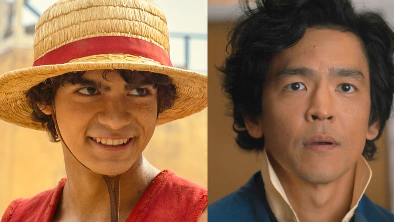 One Piece. (L to R) Emily Rudd as Nami, Iñaki Godoy as Monkey D. Luffy, Mackenyu Arata as Roronoa Zoro in season 1 of One Piece. Cr. Casey Crafford/Netflix © 2023 / Spike Spiegel (John Cho) is taken by surprise in Cowboy Bebop Season 1 Episode 1 "Cowboy Gospel" (2021), Netflix