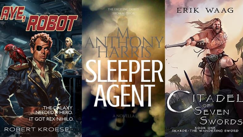 A collage of sci-fi, espionage, and fantasy book covers.