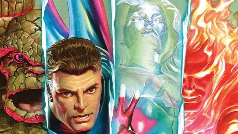 The Fantastic Four line-up on Alex Ross' variant cover to Fantastic Four Vol. 7 #1 "The Last Town on the Left" (2022), Marvel Comics