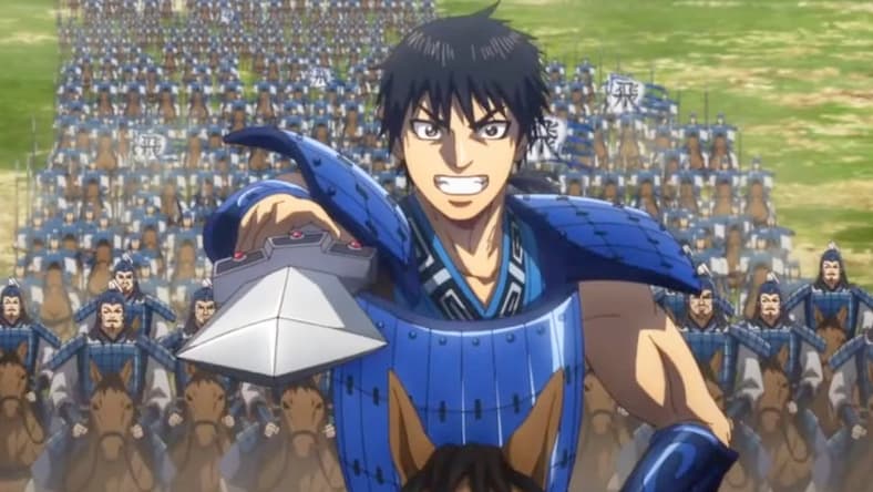 Shin (Masakazu Morita) leads the newly christened Hi-Shin unit into battle in Kingdom Season 3 Epiode 25 "The Difference Between Dances" (2021), Studio Pierrot