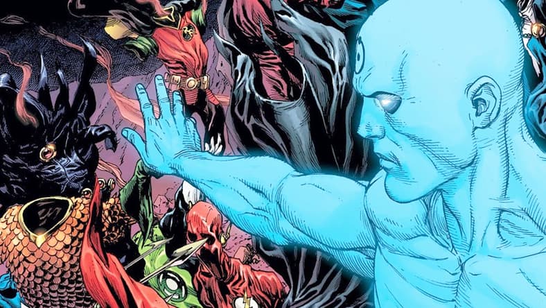 Doctor Manhattan puts an end to the pre-N52 DC universe on Gary Frank and Brad Anderson's variant cover to Doomsday Clock Vol. 1 #9 "Blind Spot" (2018), DC