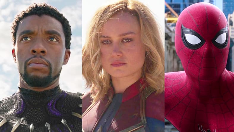 T'Challa (Chadwick Boseman) stands ready in Black Panther (2018), Marvel Entertainment / Captain Marvel (Brie Larson) stands triumphant in Captain Marvel (2019), Marvel Entertainment / Spider-Man (Tom Holland) is met with an unexpected identity reveal in Spider-Man: Far From Home (2019), Marvel Entertainment