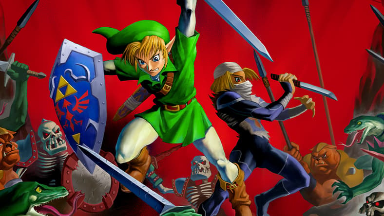 Link and Shiek battle Ganondorf's forces in Yusuke Nakano's illustration for The Legend of Zelda: Ocarina of Time (1998), Nintendo