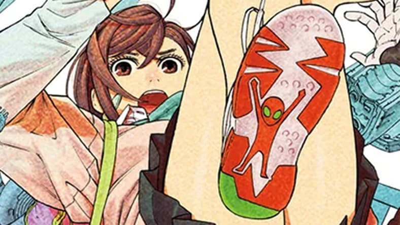 Momo Ayase takes a fall on Yukinobu Tatsu's color spread to Dandadan Ch. 3 "It's A Granny Vs. Granny Clash!" (2021), Shueisha