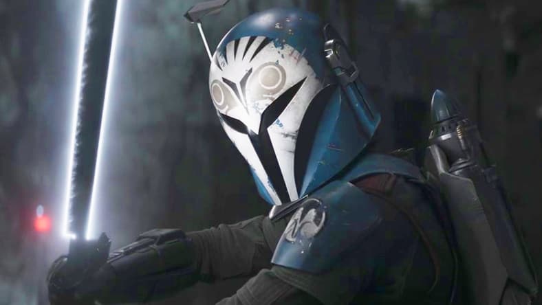 Bo-Katan (Katee Sackhoff) prepares to duel with Moff Gideon (Giancarlo Esposito) in The Mandalorian Season 3 Episode "Chapter 24 - The Return" (2023), Disney Plus