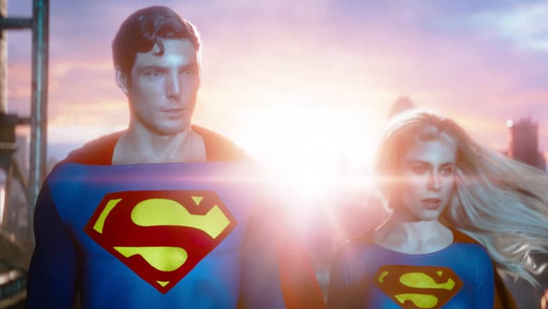Superman (CGI) and Supergirl (CGI) watch on as the Multiverse collapses in The Flash (2023), Warner Bros. Discovery