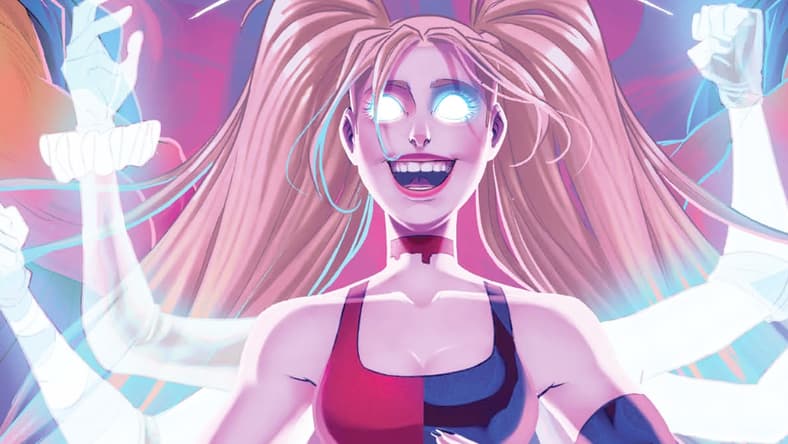 Harley Quinn looks deep into the DC multiverse on Sweeney Boo's cover to Harley Quinn Vol. 4 #31 "Girl in a Crisis, Part IV (2023), DC