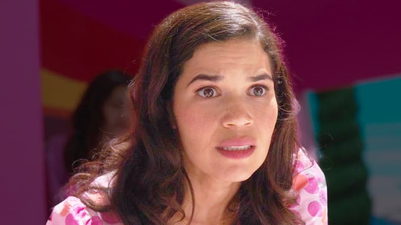 Gloria (America Ferrera) tells Barbie (Margot Robbie) about the female experience in Barbie (2023), Warner Bros. Pictures