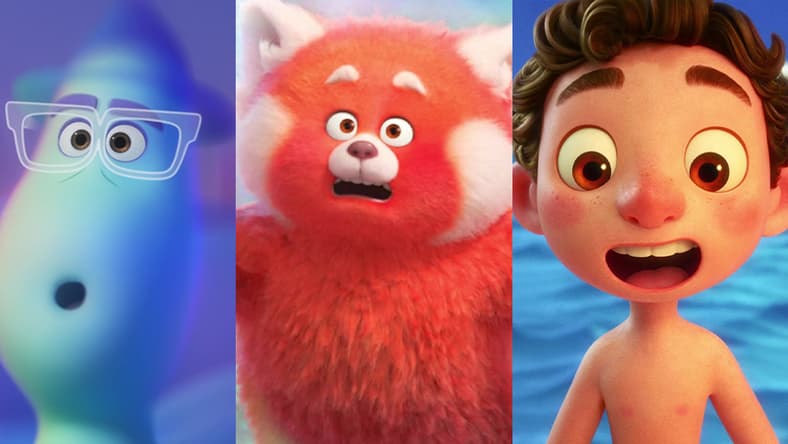 Joe (Jamie Foxx) attempts to buy some time for 22 (Tina Fey) in Soul (2020), Disney/Pixar / Sun Yee (N/A) helps Mei Lee (Rosalie Chiang) embrace her Red Panda form in Turning Red (2020), Disney/Pixar / Luca (Jacob Tremblay) dreams of riding a Vespa in Luca (2021), Disney/Pixar