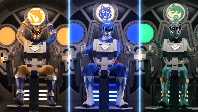 Aiyon (Jordan Fite), Billy (David Yost), and Izzy (Tessa Rao) step behind the wheel of the Cosmic Fury Megazord for the first time in Power Rangers Cosmic Fury Season 1 Episode 1 "Lightning Strikes" (2023), Netflix