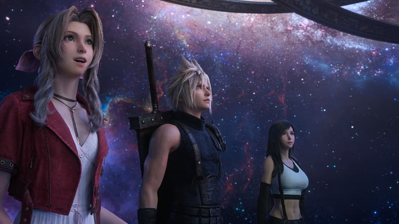 Aerith Gainsborough (Briana White), Tifa Lockhart (Britt Baron), and Cloud Strife (Cody Christian) in awe at the Planetarium in Final Fantasy VII Rebirth (2024), Square Enix