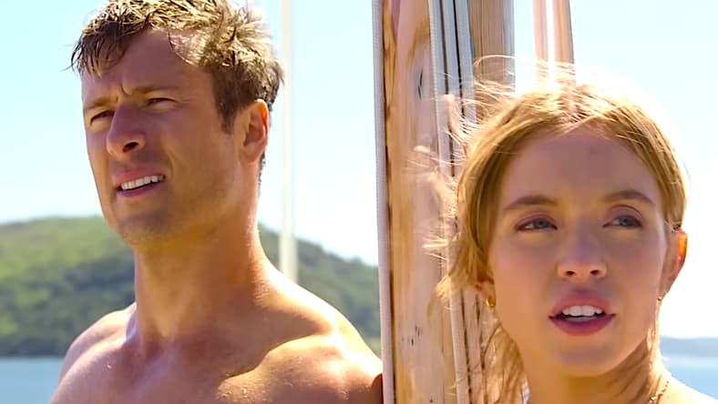 Ben (Glen Powell) and Bea (Sydney Sweeney) devise a plan to make their exes jealous in Anyone But You (2023), Sony Pictures